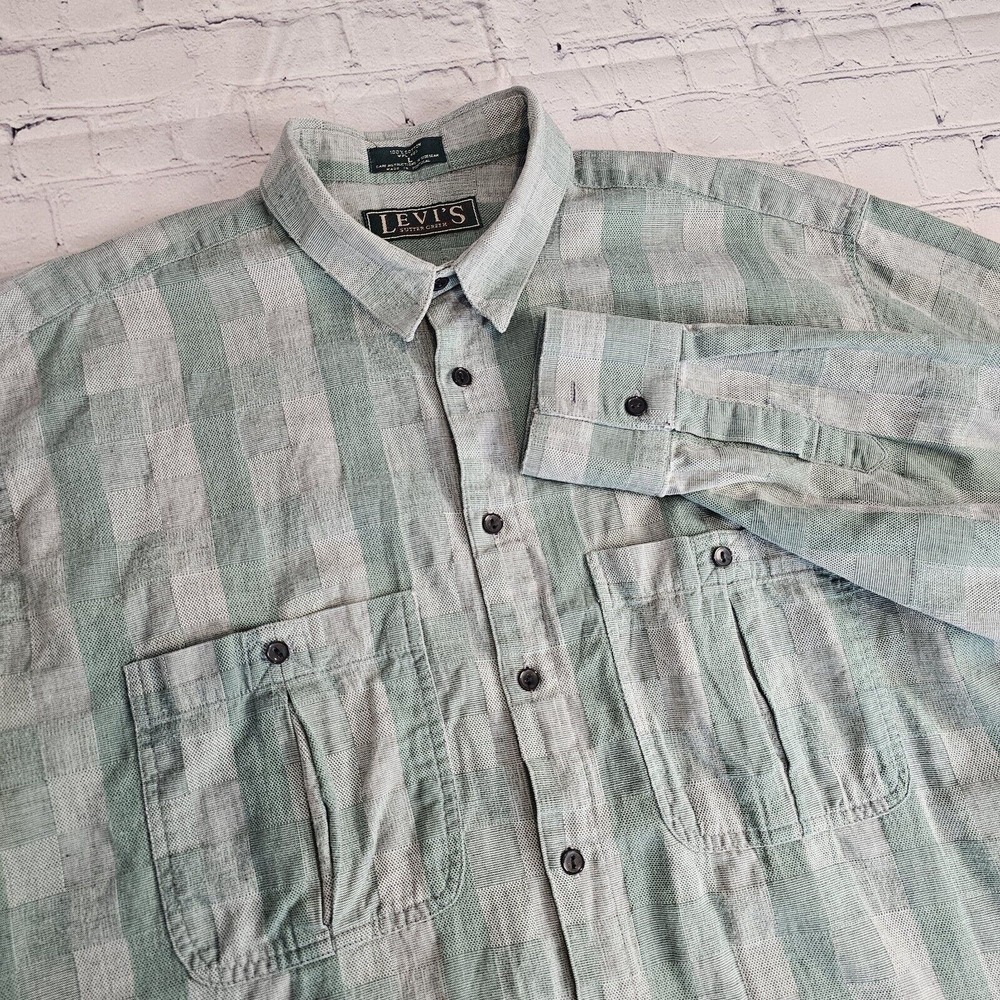 Vintage Levi's Sutter Creek Flannel Shirt Large Long Sleeve Gingham Green Flawed